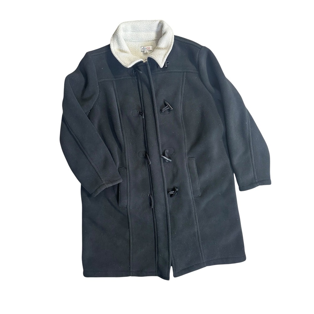 Denim & Co Black Fleece Duffle Coat Sherpa Collar Toggle Zip Plus 1X